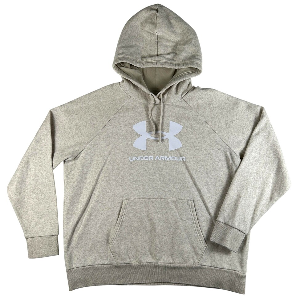 Under Armour Hoodie Mens 2XL Beige Fleece Pullover Big Logo Sweatshirt Kangaroo